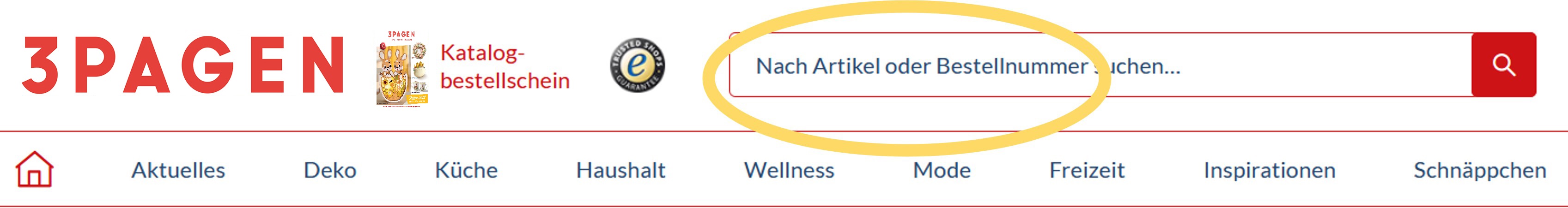 Screenshot der 3PAGEN Startseite, eingekreist das große Suchfeld ganz oben