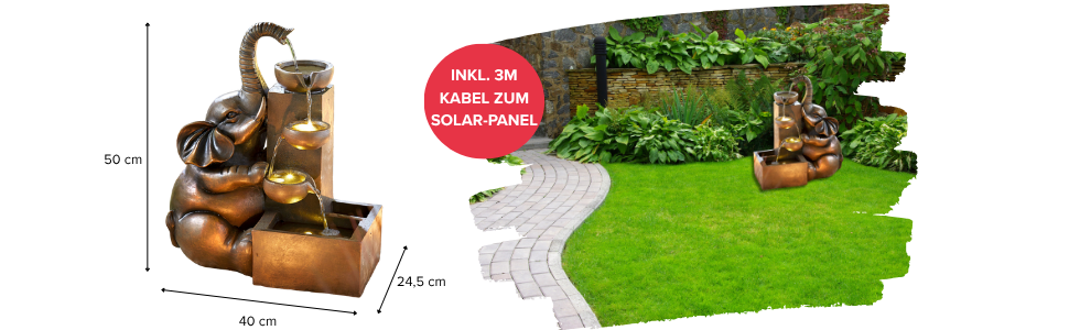 Abmessungen Solarbrunnen 50 cm hoch, 40 cm breit, 24,5 cm tief, Info inkl. 3m Kabel zum Solar-Panel