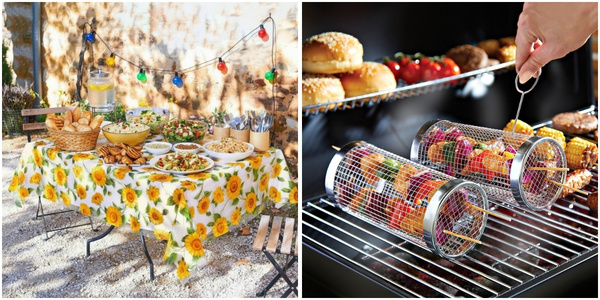 Gartenparty: Beispielbilder eines gedeckten Tisches und eines Grilles mit Grillkorb