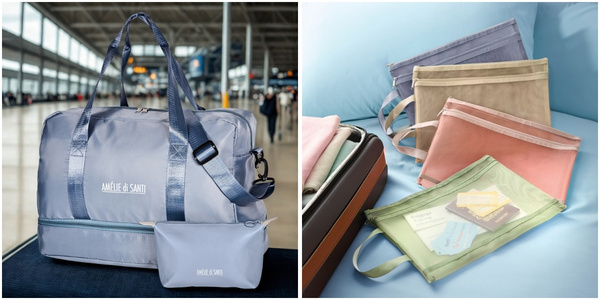 C'est la période des vacances : on voit à l'aéroport, par exemple, un sac de voyage avec une trousse de toilette de la marque Amelie di Santi, et un lot de 4 pochettes pour documents de voyage posées à côté d'une valise