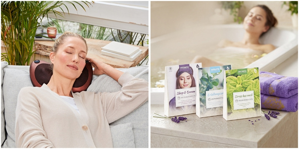 Bien-être en automne : photos illustratives de mannequins dans leur baignoire avec des produits pour le bain, ou détendues dans un fauteuil, la tête posée sur un coussin de massage pour la nuque